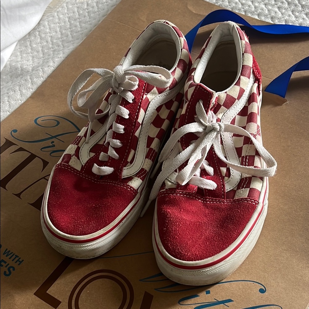 Vans Red and White Checkered Lace-Up Sneakers